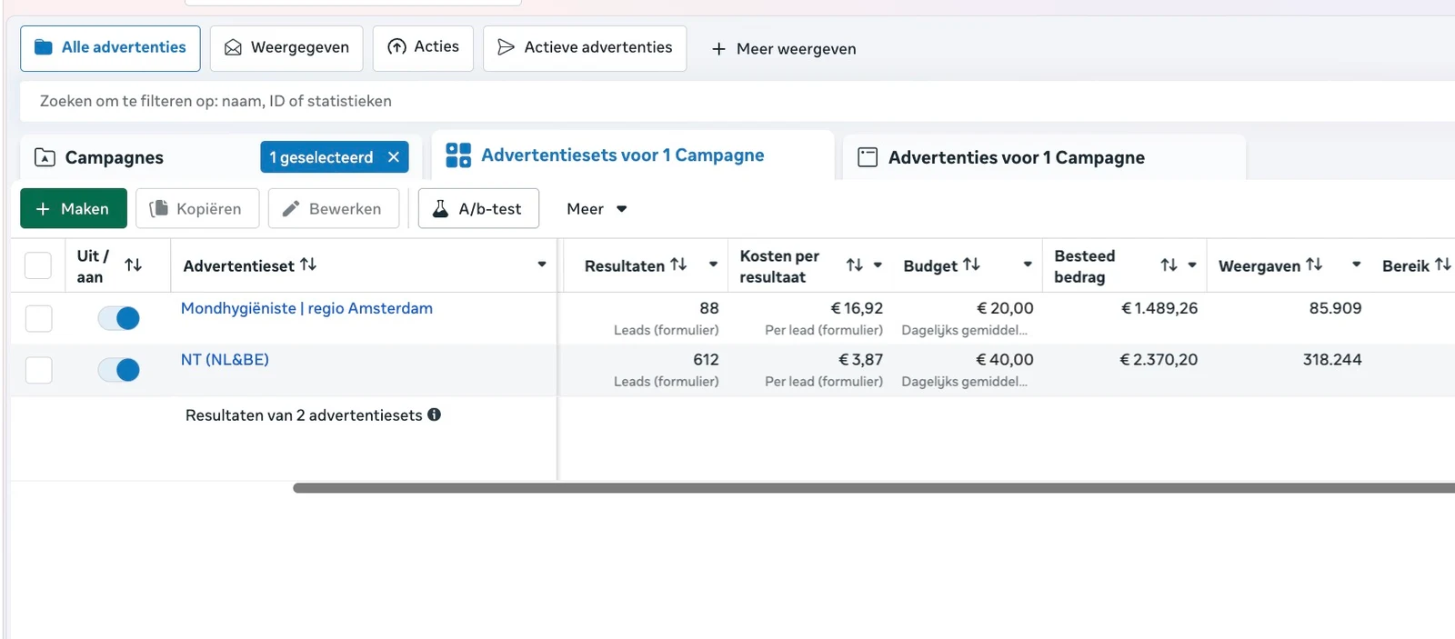 Resultaat van Qualident in Meta Ads Manager