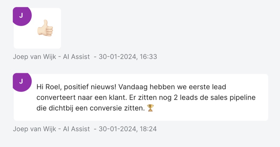 Klantbericht van AI Assist: eerste lead naar klant geconverteerd